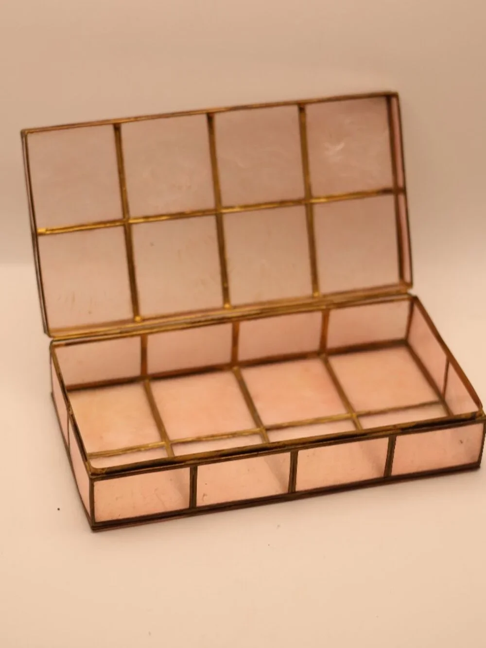 Vintage Pink Capiz Shell & Brass Framed Jewelry Box / Trinket Case